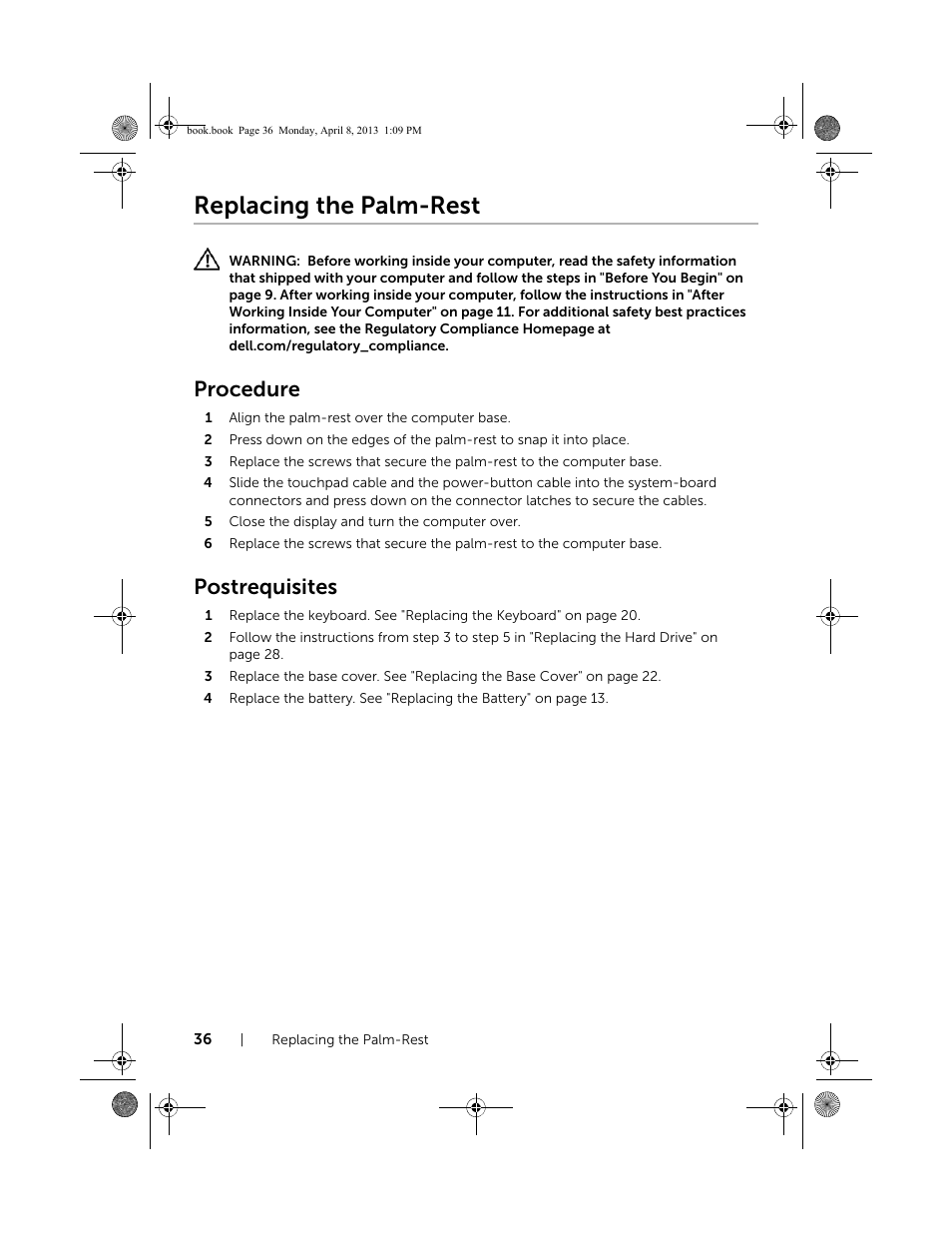 Replacing the palm-rest, Procedure, Postrequisites | Dell Inspiron 14R (5437, Mid 2013) User Manual | Page 36 / 73