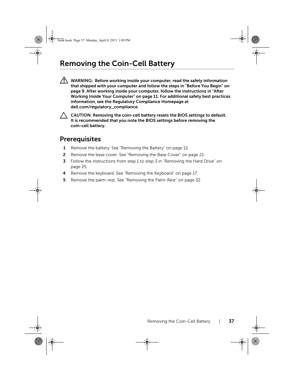 Removing the coin-cell battery, Prerequisites | Dell Inspiron 14R (5437, Mid 2013) User Manual | Page 37 / 73