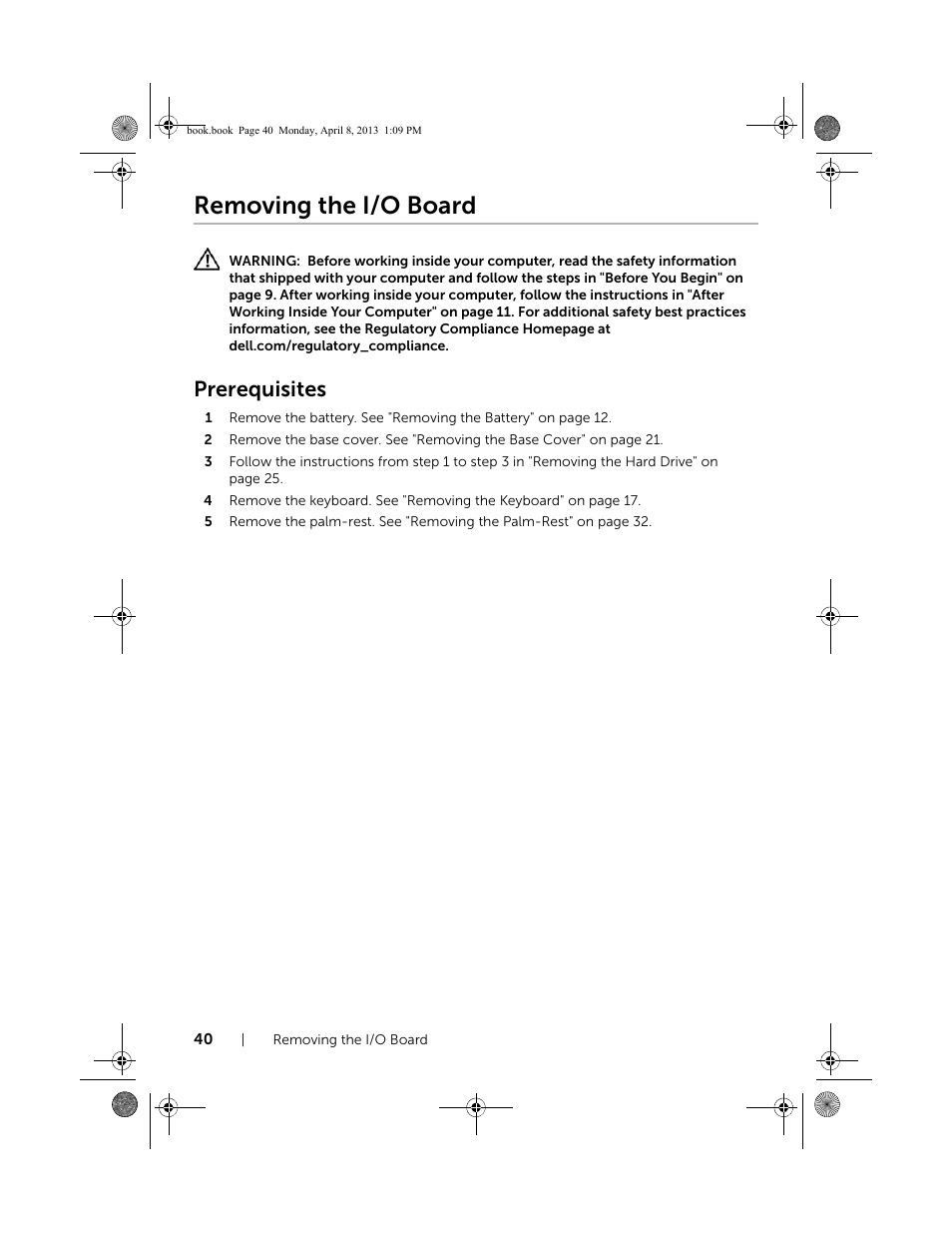 Removing the i/o board, Prerequisites | Dell Inspiron 14R (5437, Mid 2013) User Manual | Page 40 / 73