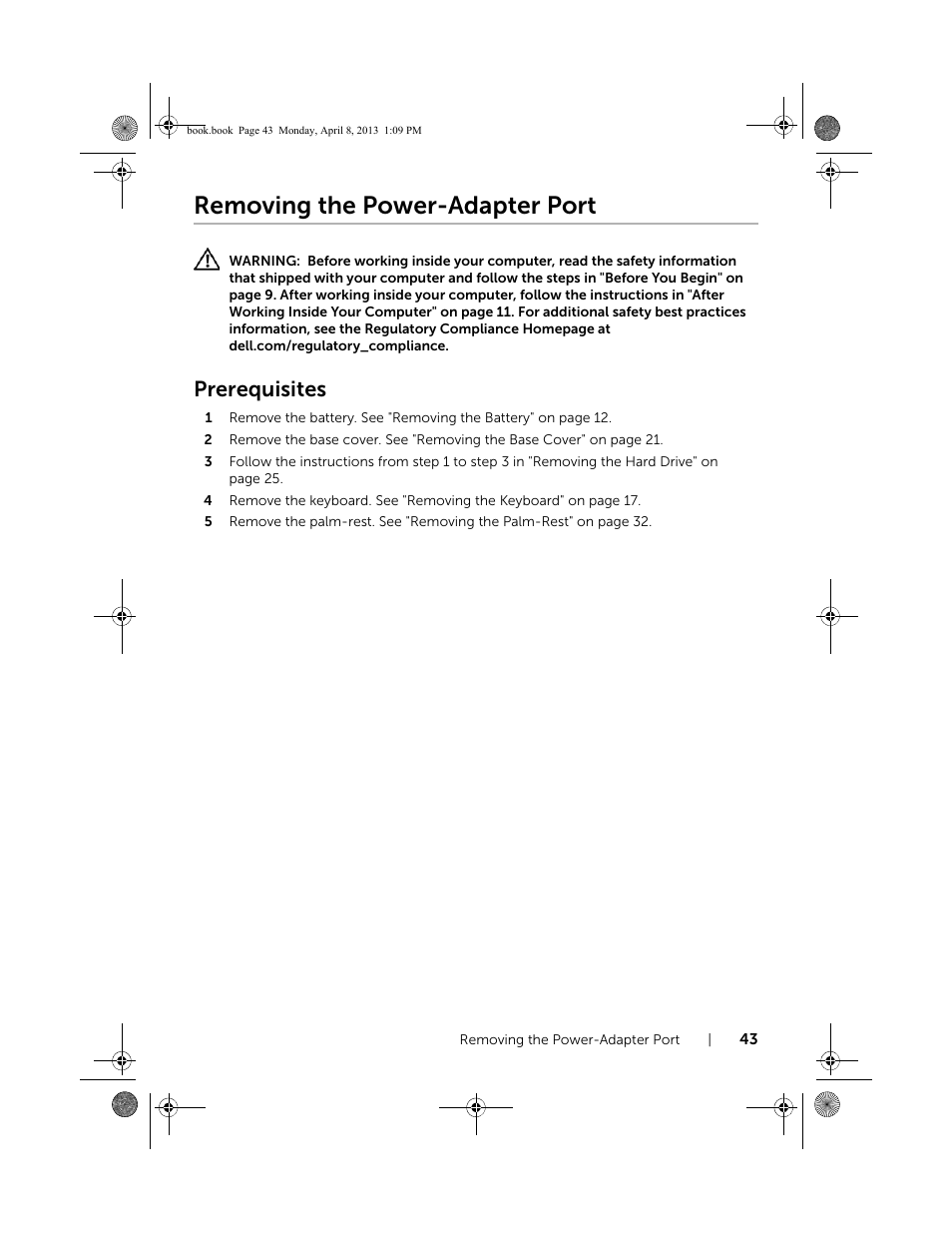 Removing the power-adapter port, Prerequisites | Dell Inspiron 14R (5437, Mid 2013) User Manual | Page 43 / 73