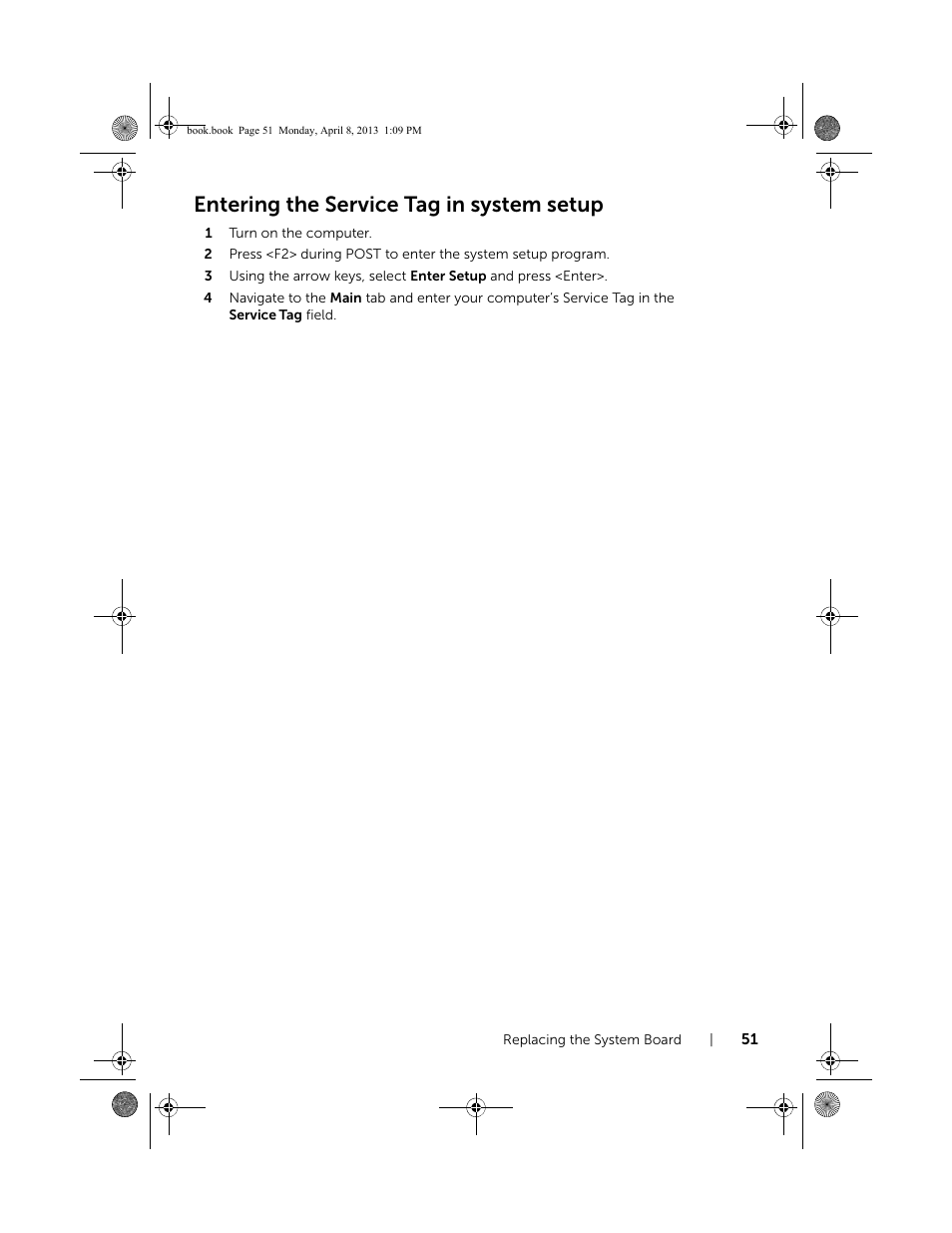 Entering the service tag in system setup | Dell Inspiron 14R (5437, Mid 2013) User Manual | Page 51 / 73