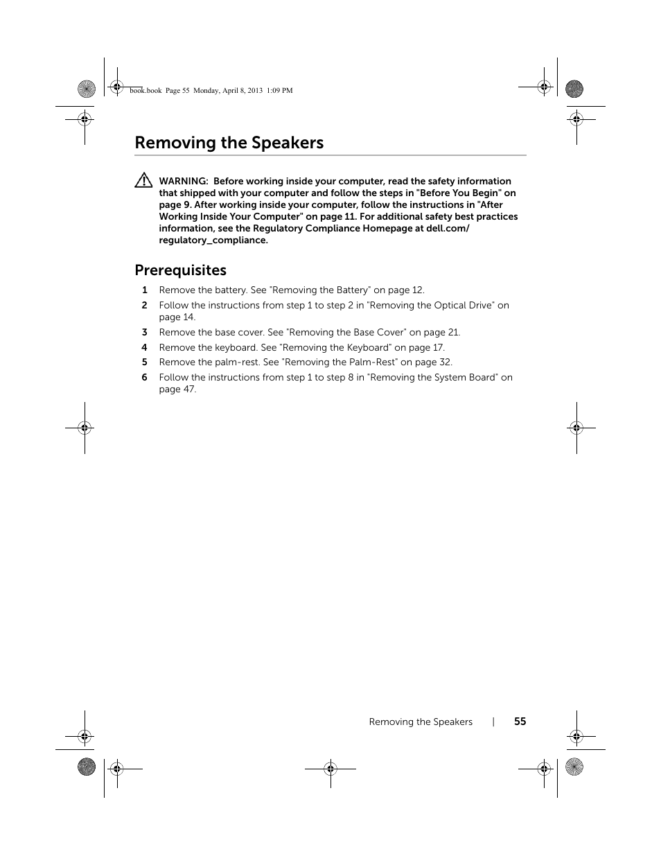 Removing the speakers, Prerequisites | Dell Inspiron 14R (5437, Mid 2013) User Manual | Page 55 / 73