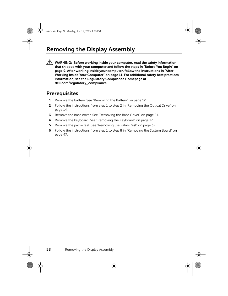 Removing the display assembly, Prerequisites | Dell Inspiron 14R (5437, Mid 2013) User Manual | Page 58 / 73