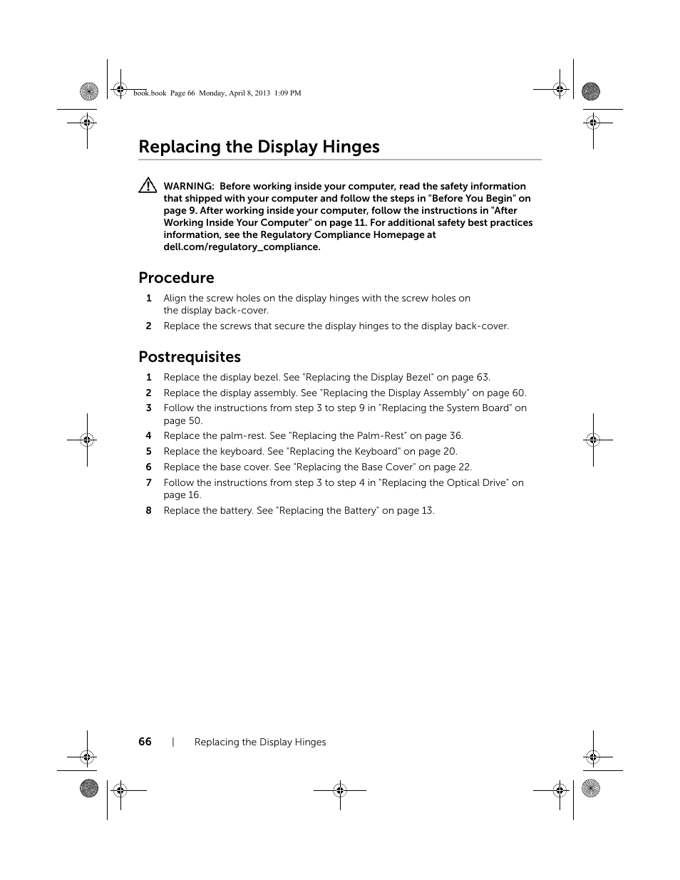 Replacing the display hinges, Procedure, Postrequisites | Dell Inspiron 14R (5437, Mid 2013) User Manual | Page 66 / 73