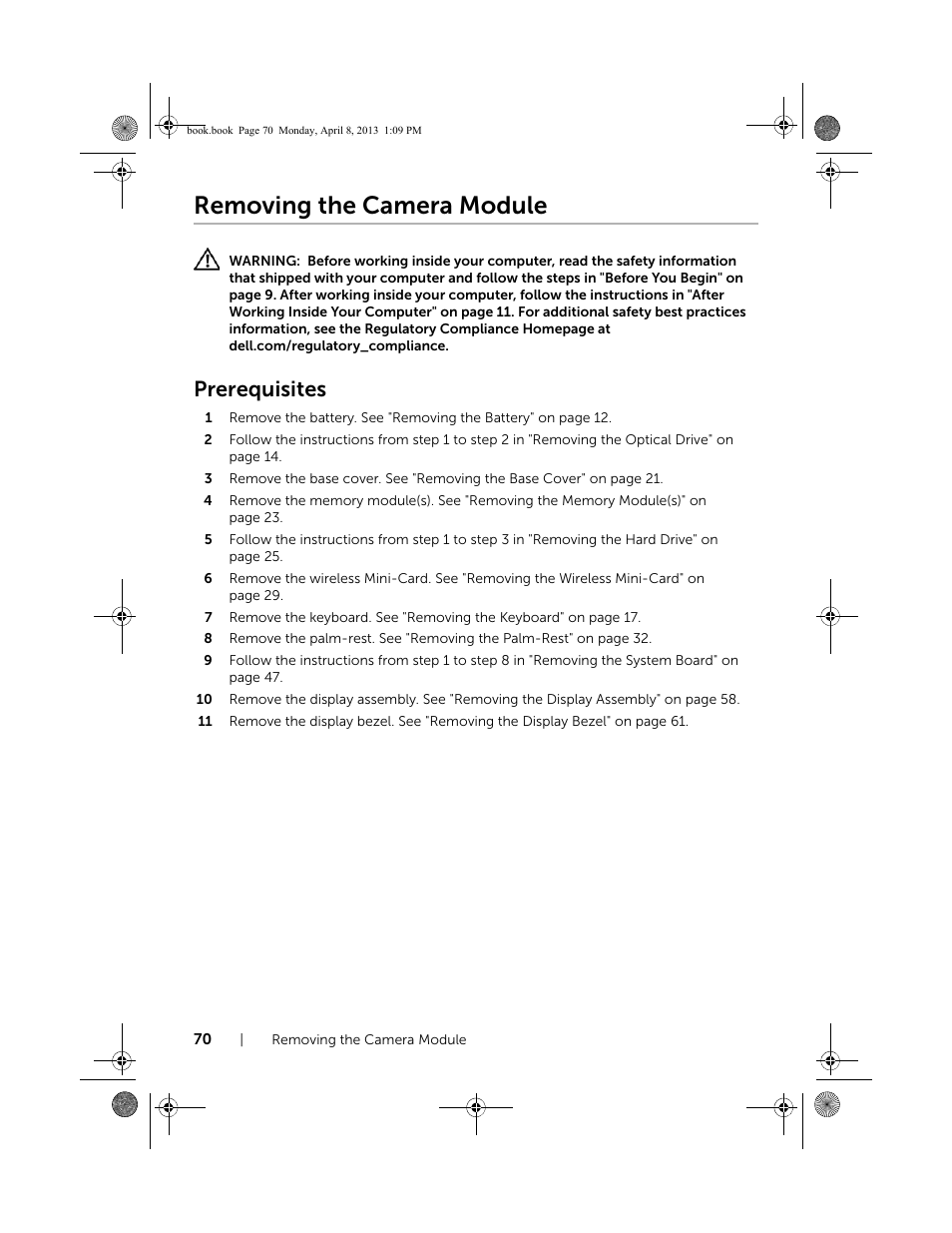Removing the camera module, Prerequisites | Dell Inspiron 14R (5437, Mid 2013) User Manual | Page 70 / 73