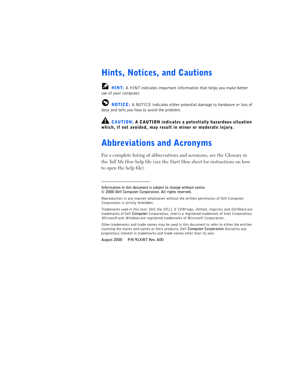 Hints, notices, and cautions, Abbreviations and acronyms | Dell Inspiron 5000 User Manual | Page 2 / 90