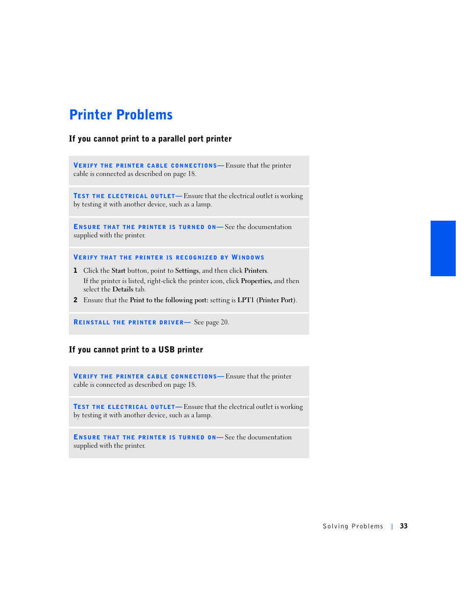 Printer problems, If you cannot print to a parallel port printer, If you cannot print to a usb printer | See the documentation supplied with the printer, See page 20 | Dell Inspiron 5000 User Manual | Page 31 / 90