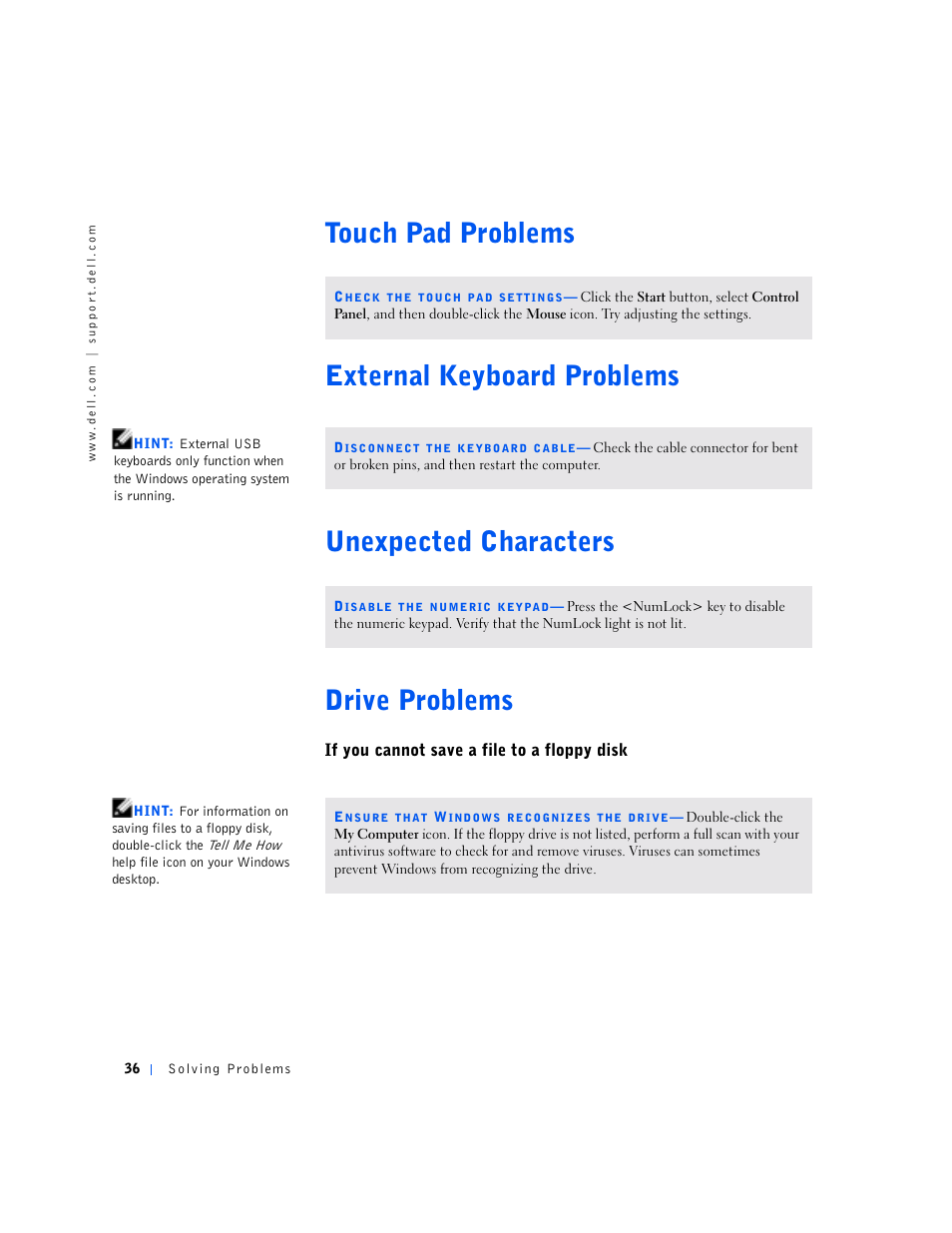 Touch pad problems, External keyboard problems, Unexpected characters | Drive problems, If you cannot save a file to a floppy disk | Dell Inspiron 5000 User Manual | Page 34 / 90