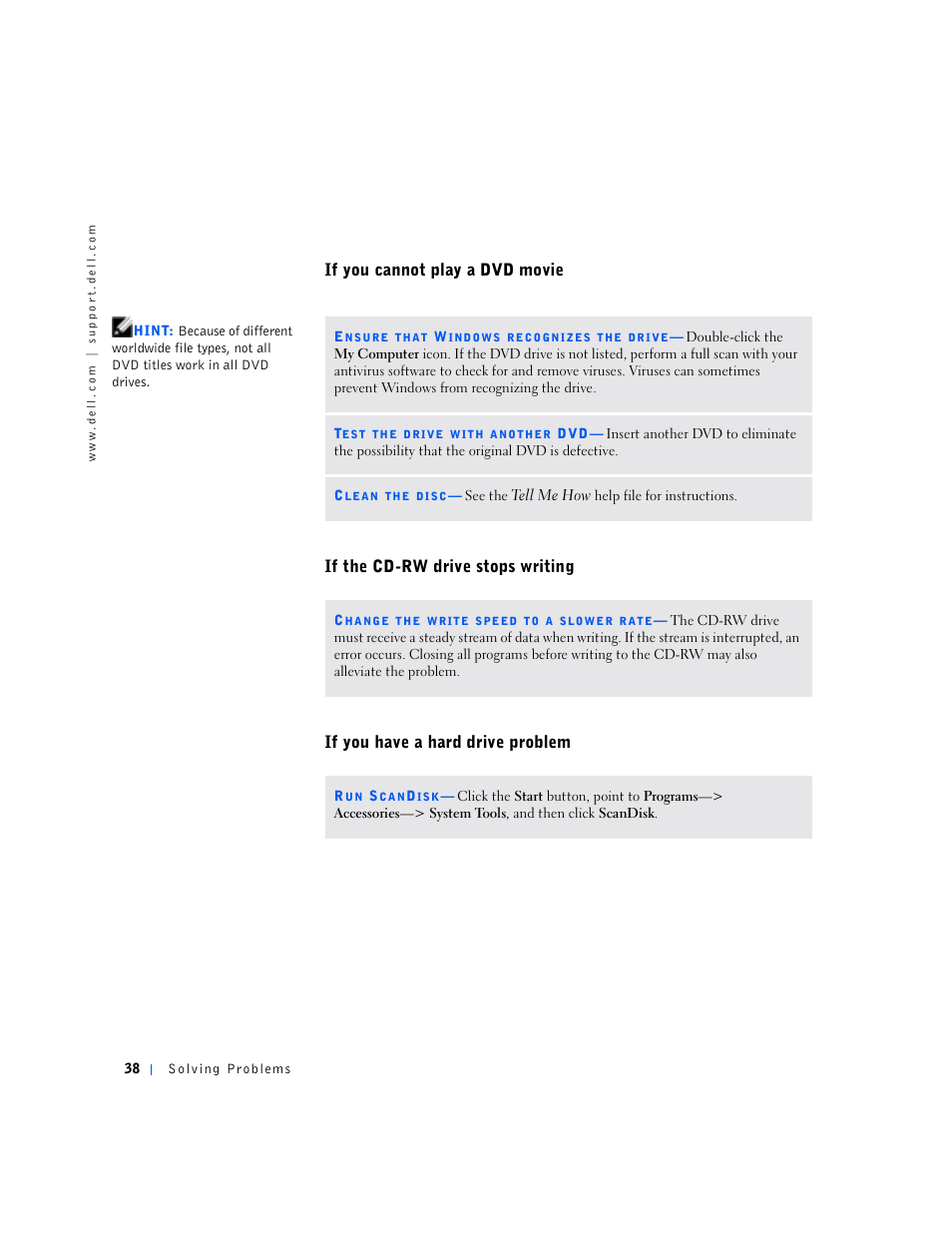 If you cannot play a dvd movie, If the cd-rw drive stops writing, If you have a hard drive problem | Dell Inspiron 5000 User Manual | Page 36 / 90
