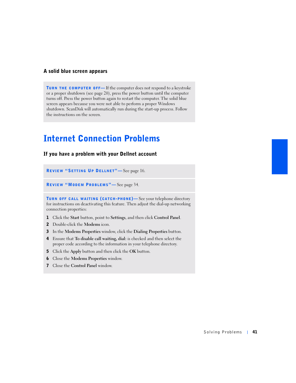 A solid blue screen appears, Internet connection problems, If you have a problem with your dellnet account | Dell Inspiron 5000 User Manual | Page 39 / 90