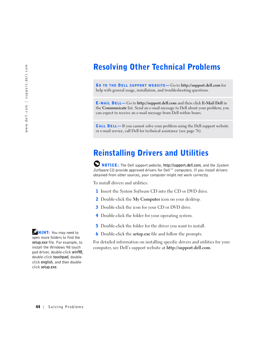 Resolving other technical problems, Reinstalling drivers and utilities | Dell Inspiron 5000 User Manual | Page 42 / 90