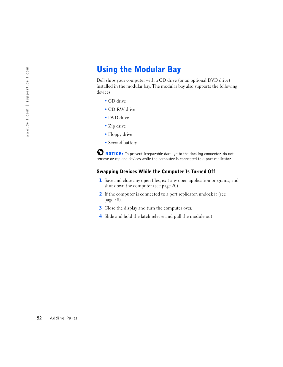 Using the modular bay, Swapping devices while the computer is turned off | Dell Inspiron 5000 User Manual | Page 50 / 90