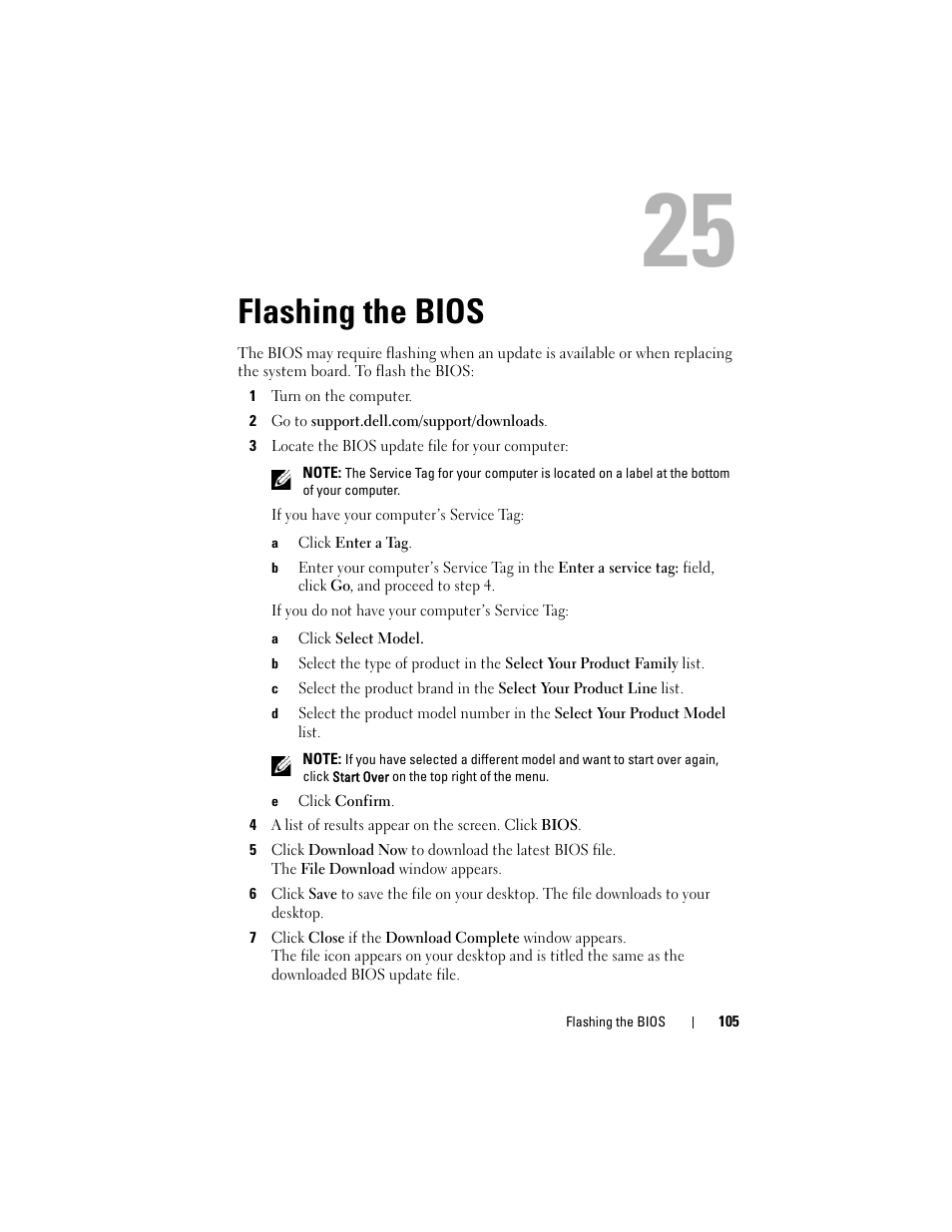 Flashing the bios, 1 turn on the computer, 2 go to support.dell.com/support/downloads | 3 locate the bios update file for your computer, A click enter a tag, A click select model, E click confirm | Dell Inspiron 14R (N4110, Early 2011) User Manual | Page 105 / 106