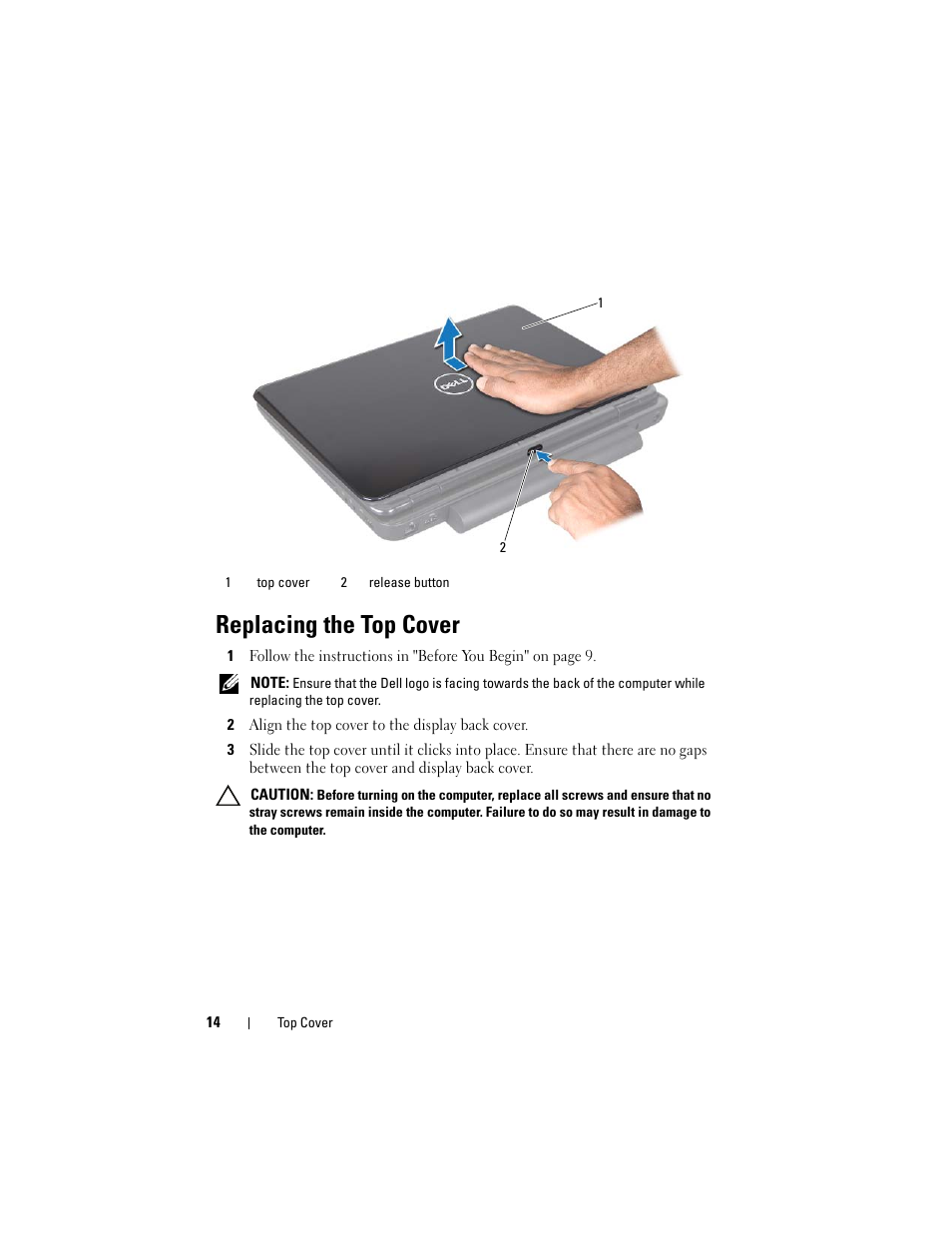 Replacing the top cover, 2 align the top cover to the display back cover | Dell Inspiron 14R (N4110, Early 2011) User Manual | Page 14 / 106