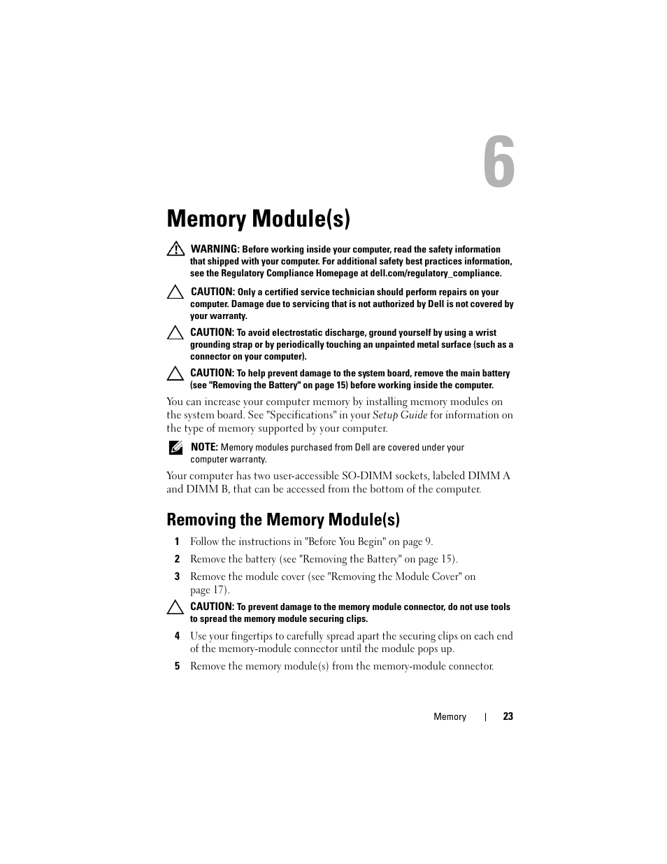Memory module(s), Removing the memory module(s) | Dell Inspiron 14R (N4110, Early 2011) User Manual | Page 23 / 106