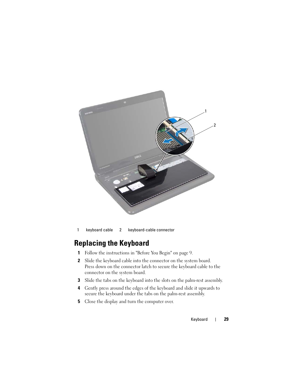 Replacing the keyboard, 5 close the display and turn the computer over | Dell Inspiron 14R (N4110, Early 2011) User Manual | Page 29 / 106