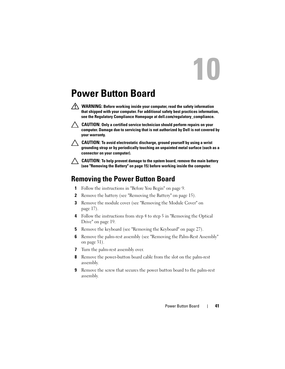 Power button board, Removing the power button board, D (see "removing the power button board | Dell Inspiron 14R (N4110, Early 2011) User Manual | Page 41 / 106