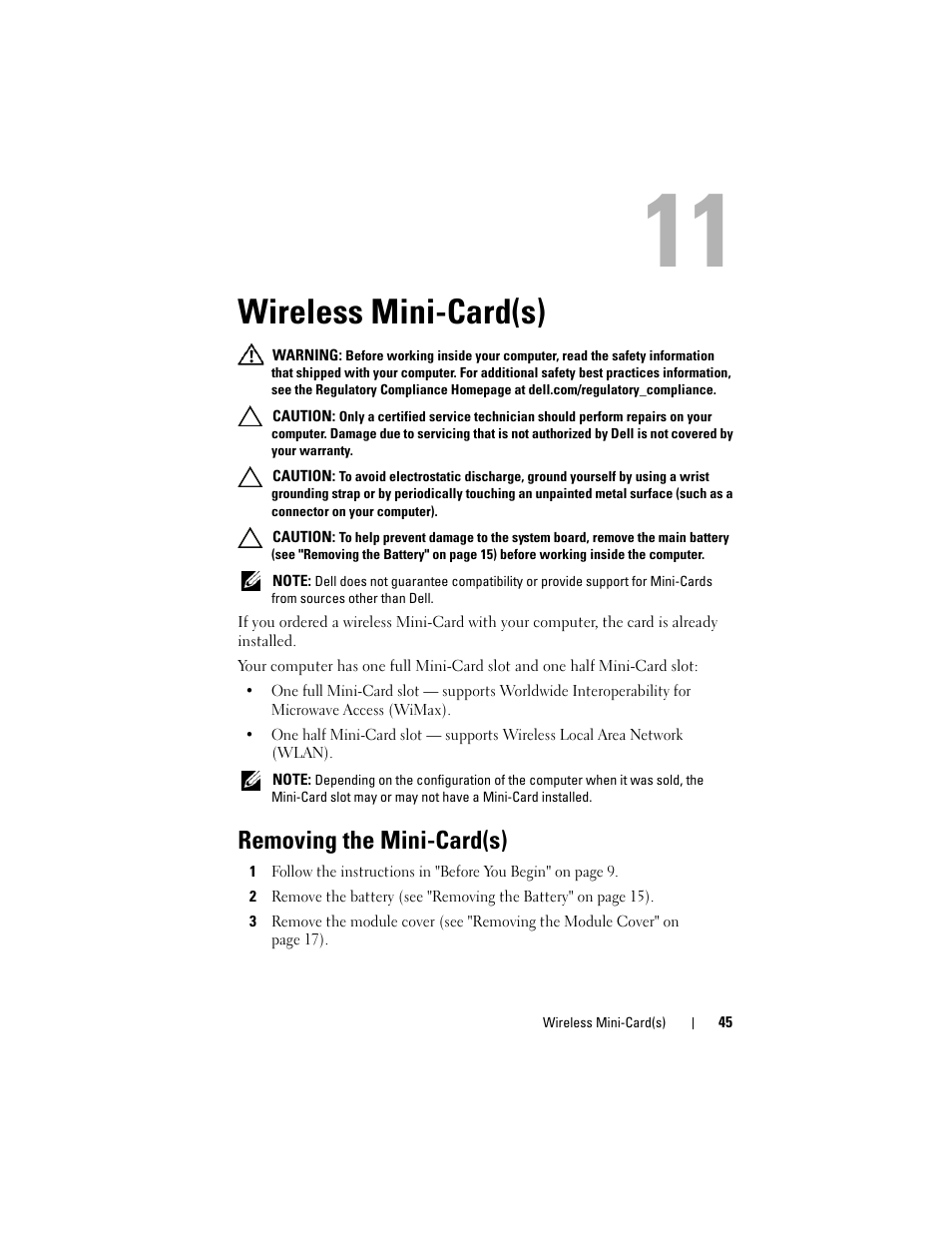Wireless mini-card(s), Removing the mini-card(s) | Dell Inspiron 14R (N4110, Early 2011) User Manual | Page 45 / 106