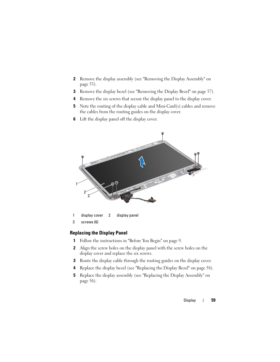 6 lift the display panel off the display cover, Replacing the display panel | Dell Inspiron 14R (N4110, Early 2011) User Manual | Page 59 / 106