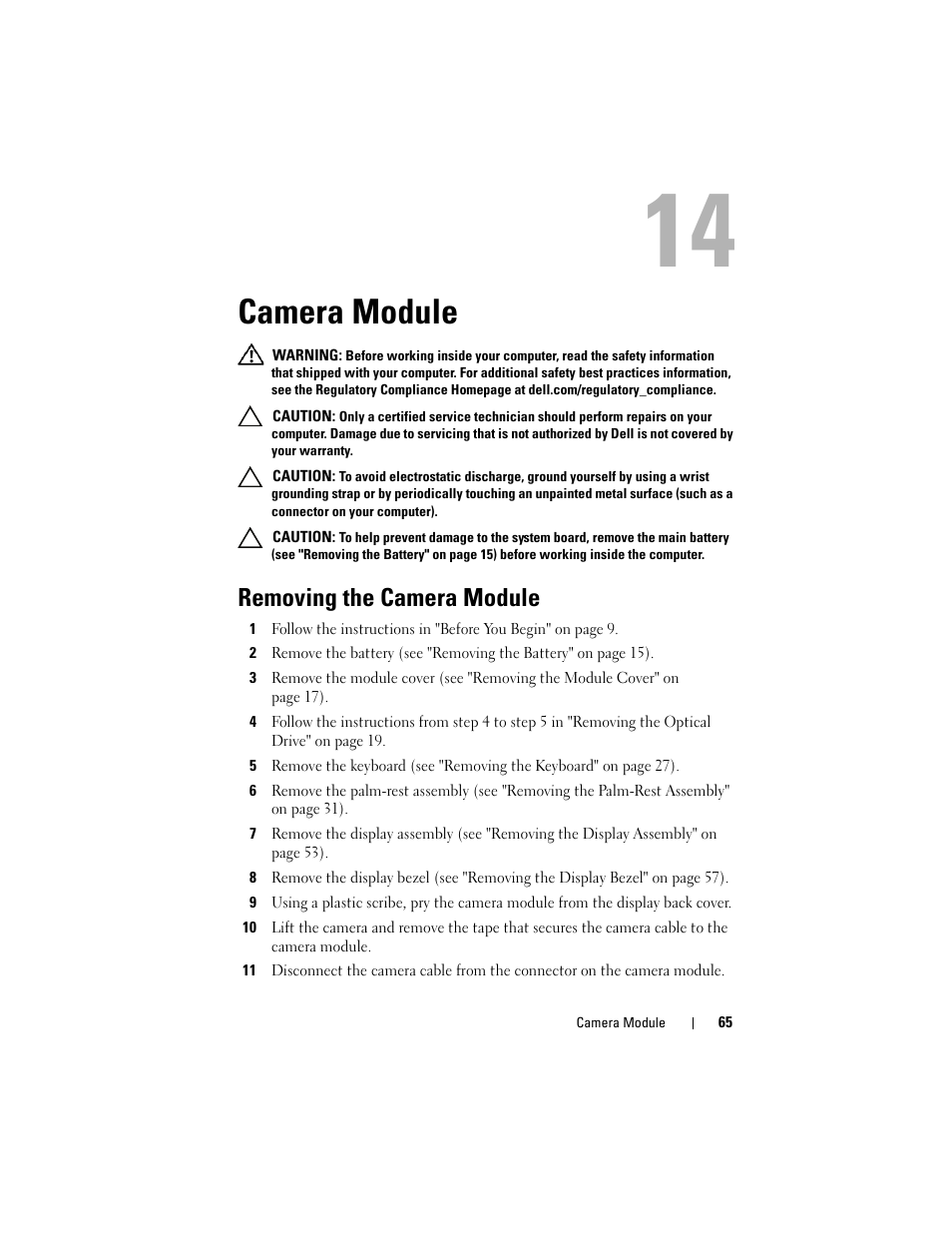 Camera module, Removing the camera module | Dell Inspiron 14R (N4110, Early 2011) User Manual | Page 65 / 106