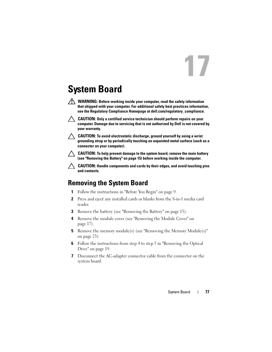 System board, Removing the system board | Dell Inspiron 14R (N4110, Early 2011) User Manual | Page 77 / 106