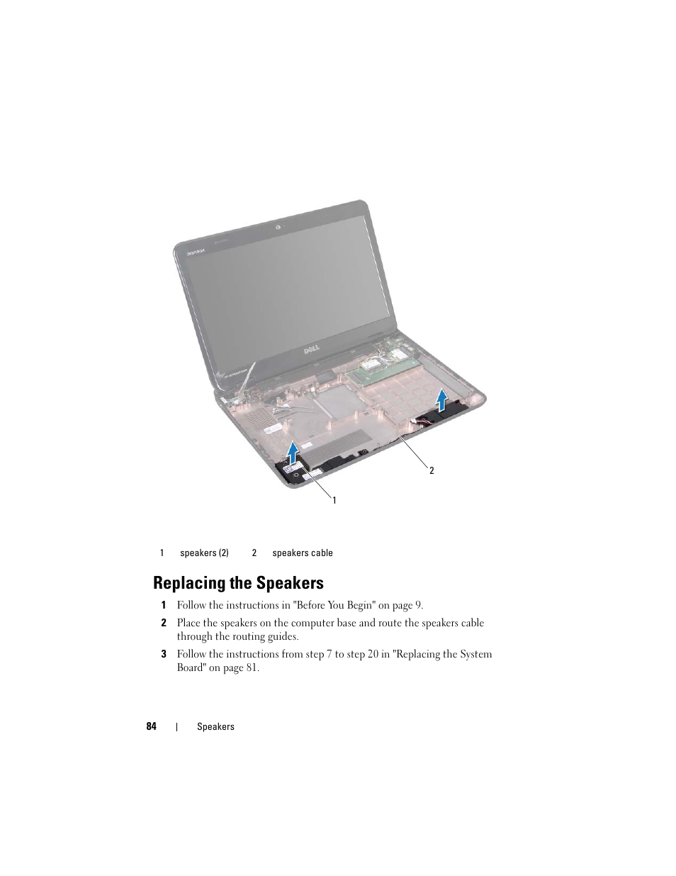 Replacing the speakers | Dell Inspiron 14R (N4110, Early 2011) User Manual | Page 84 / 106