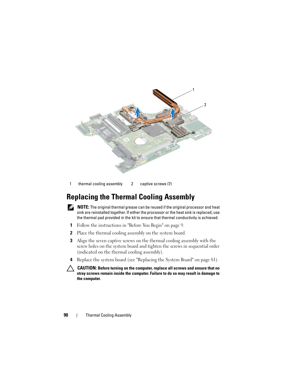 Replacing the thermal cooling assembly, Replacing the thermal | Dell Inspiron 14R (N4110, Early 2011) User Manual | Page 90 / 106