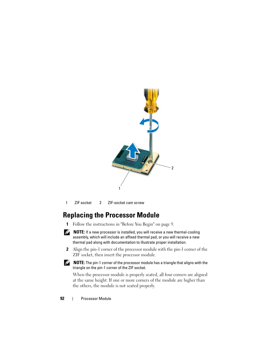 Replacing the processor module, Replacing the processor module" on | Dell Inspiron 14R (N4110, Early 2011) User Manual | Page 92 / 106