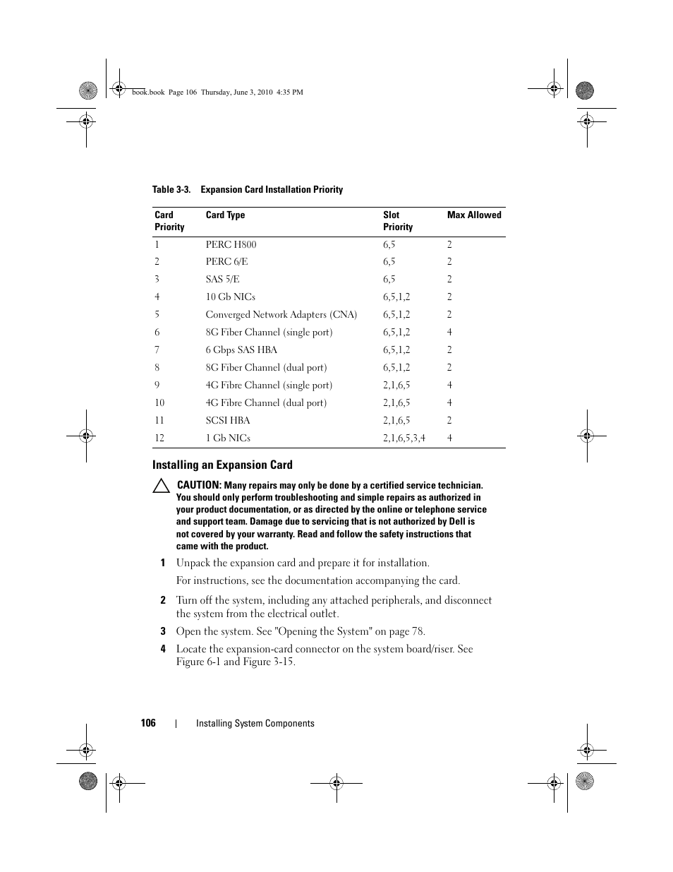 Installing an expansion card | Dell PowerEdge R715 User Manual | Page 106 / 190