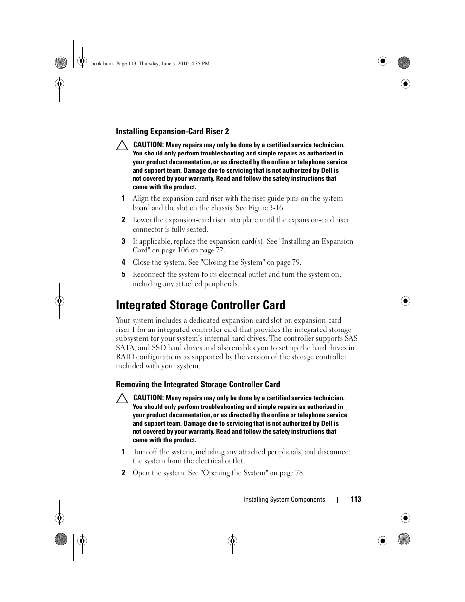 Installing expansion-card riser 2, Integrated storage controller card, Removing the integrated storage controller card | Removing the integrated storage, Controller card, And "installing expansion, Integrated storage, Controller card" on, Removing the | Dell PowerEdge R715 User Manual | Page 113 / 190