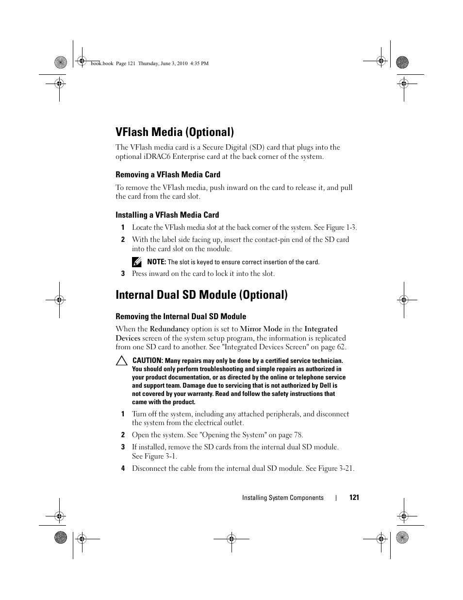 Vflash media (optional), Removing a vflash media card, Installing a vflash media card | Internal dual sd module (optional), Removing the internal dual sd module | Dell PowerEdge R715 User Manual | Page 121 / 190