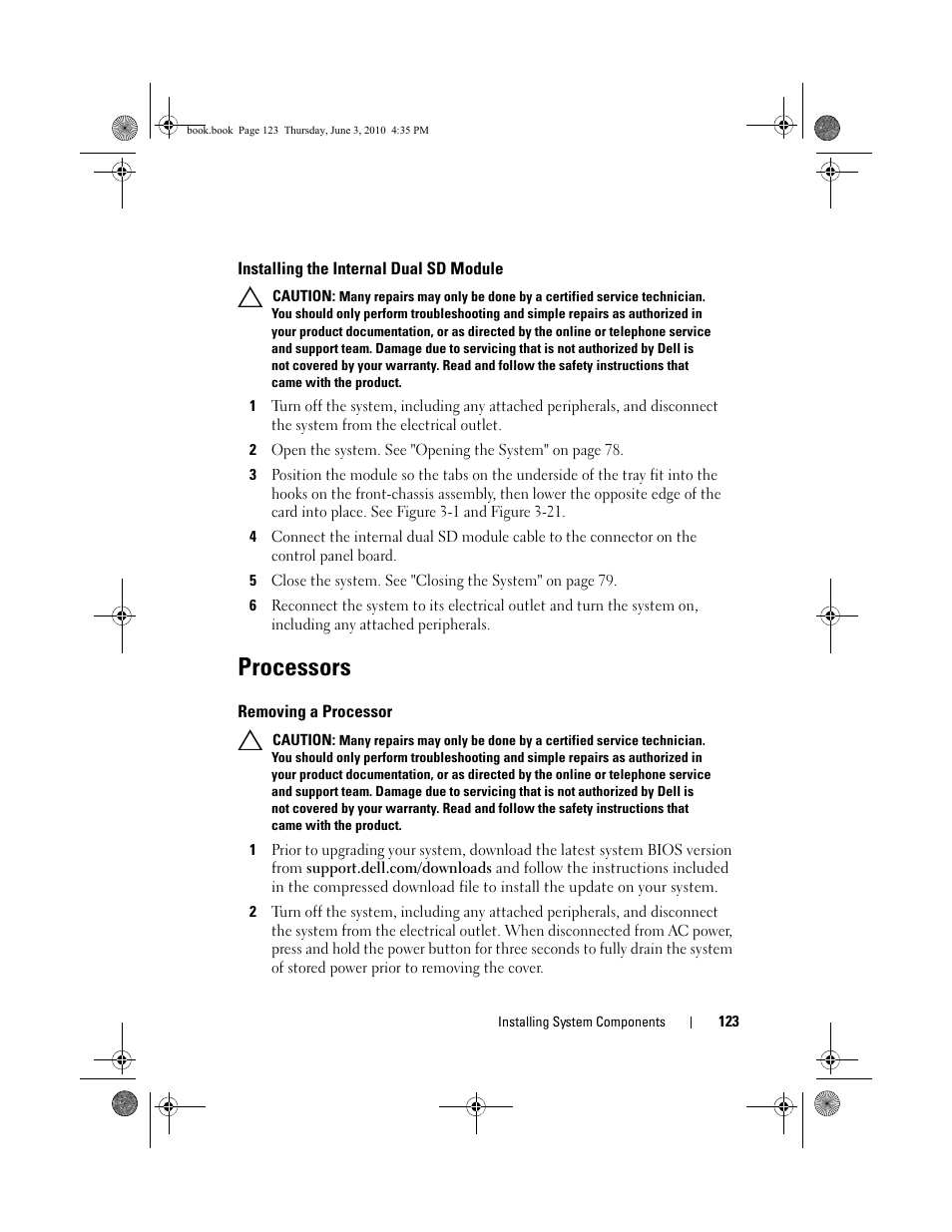 Installing the internal dual sd module, Processors, Removing a processor | See "processors" on | Dell PowerEdge R715 User Manual | Page 123 / 190