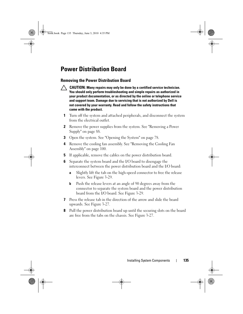 Power distribution board, Removing the power distribution board | Dell PowerEdge R715 User Manual | Page 135 / 190