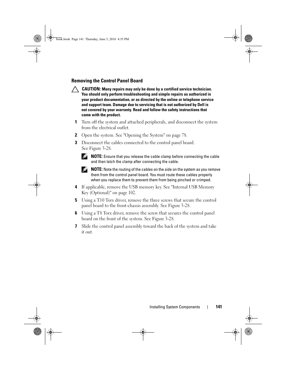 Removing the control panel board | Dell PowerEdge R715 User Manual | Page 141 / 190