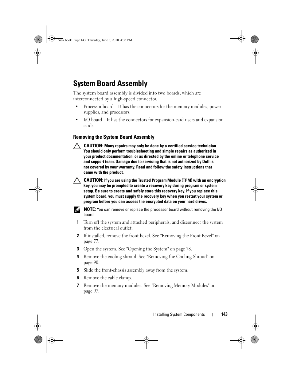 System board assembly, Removing the system board assembly | Dell PowerEdge R715 User Manual | Page 143 / 190