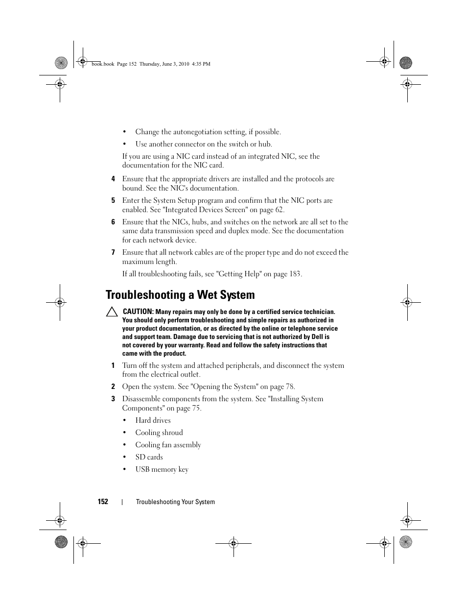 Troubleshooting a wet system | Dell PowerEdge R715 User Manual | Page 152 / 190