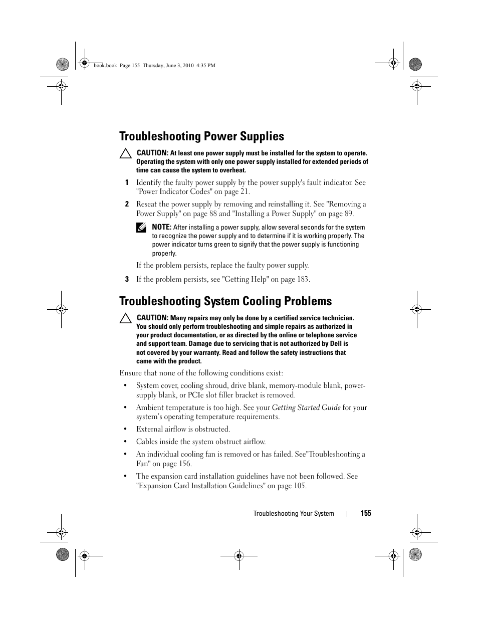 Troubleshooting power supplies, Troubleshooting system cooling problems, See "troubleshooting | System cooling, Troubleshooting system, Cooling problems" on, And "troubleshooting, Power supplies" on, Troubleshooting power | Dell PowerEdge R715 User Manual | Page 155 / 190