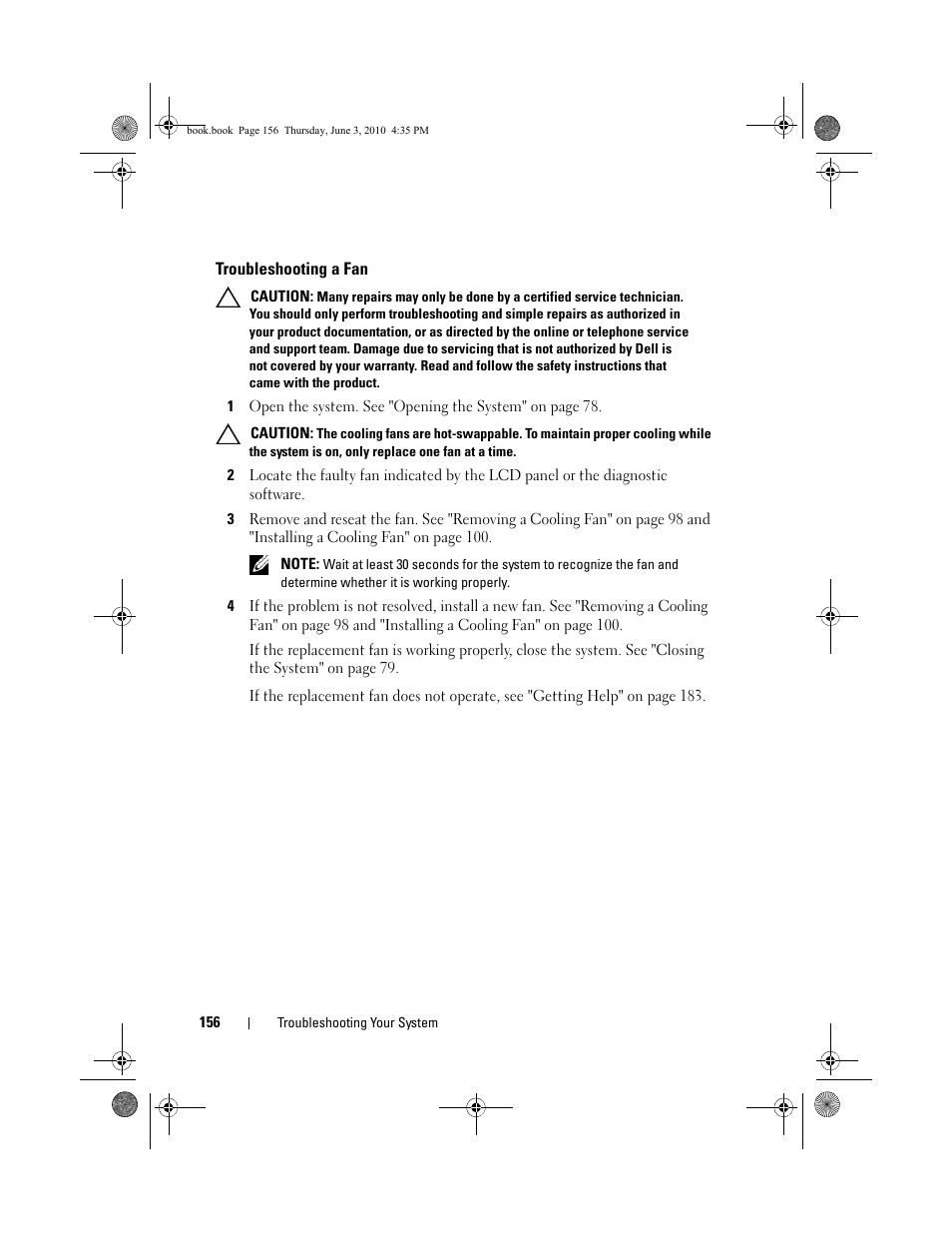Troubleshooting a fan, See"troubleshooting a | Dell PowerEdge R715 User Manual | Page 156 / 190