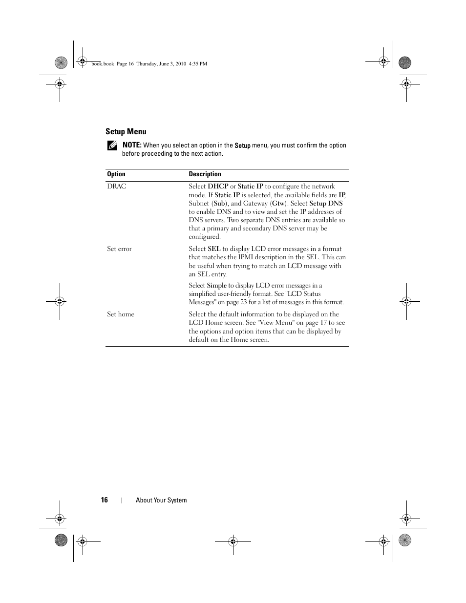 Setup menu | Dell PowerEdge R715 User Manual | Page 16 / 190