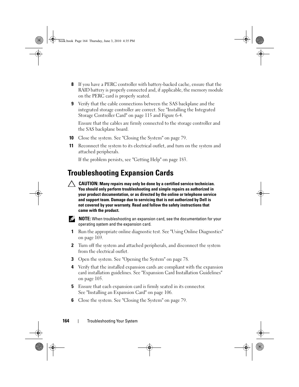 Troubleshooting expansion cards, Troubleshooting, Expansion cards" on | Troubleshooting expansion | Dell PowerEdge R715 User Manual | Page 164 / 190