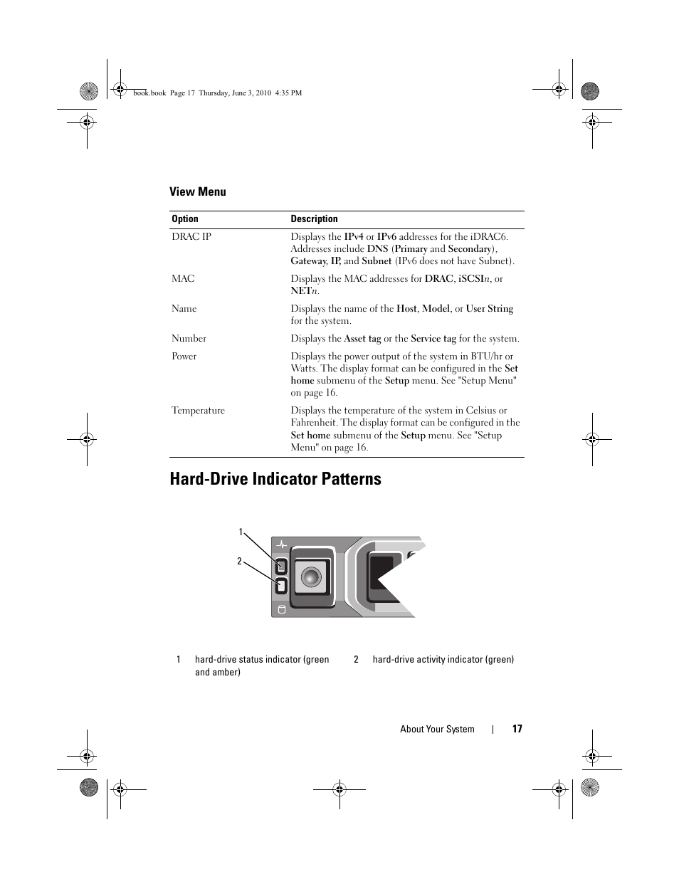 View menu, Hard-drive indicator patterns | Dell PowerEdge R715 User Manual | Page 17 / 190