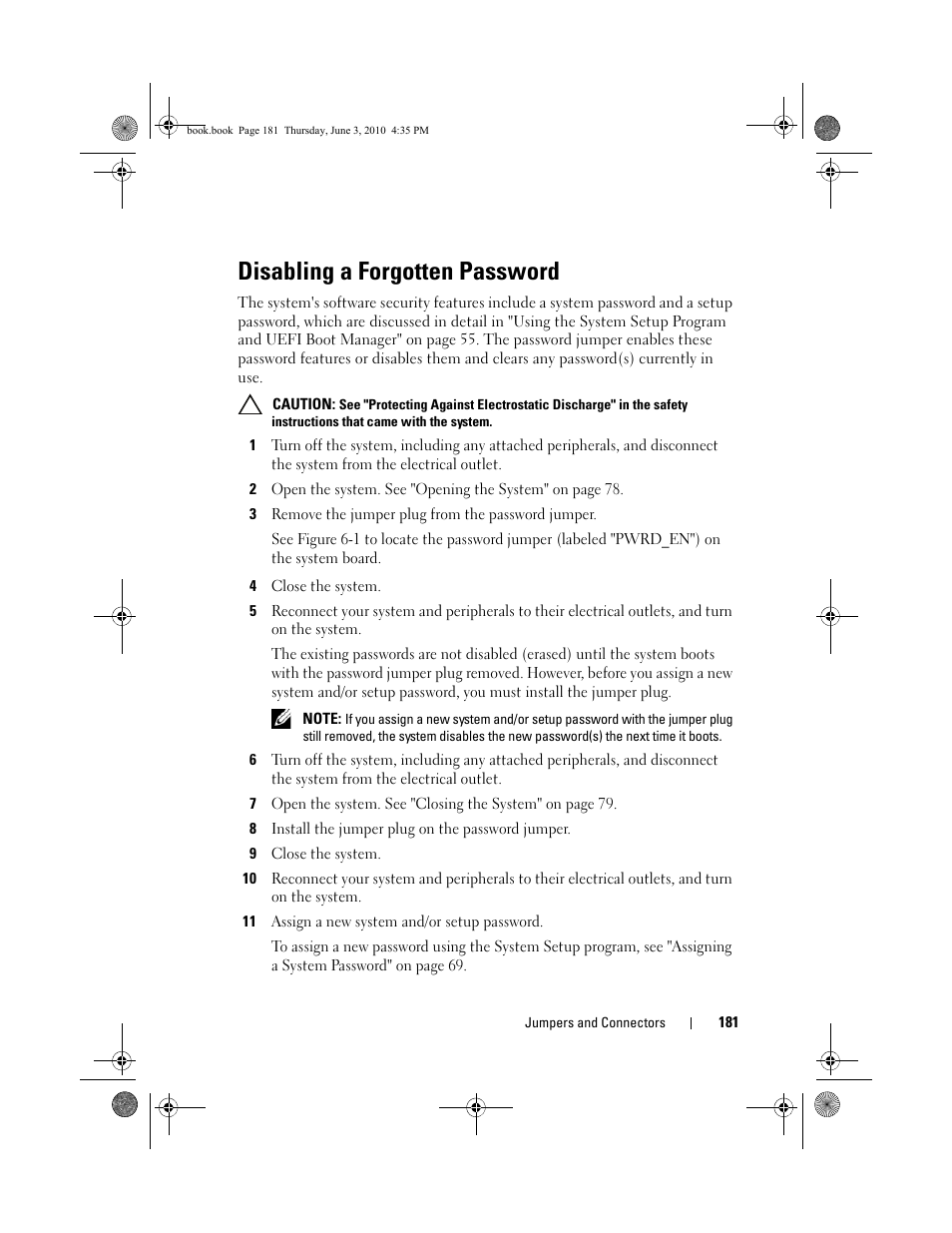 Disabling a forgotten password | Dell PowerEdge R715 User Manual | Page 181 / 190