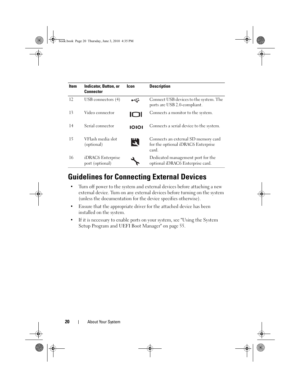 Guidelines for connecting external devices | Dell PowerEdge R715 User Manual | Page 20 / 190