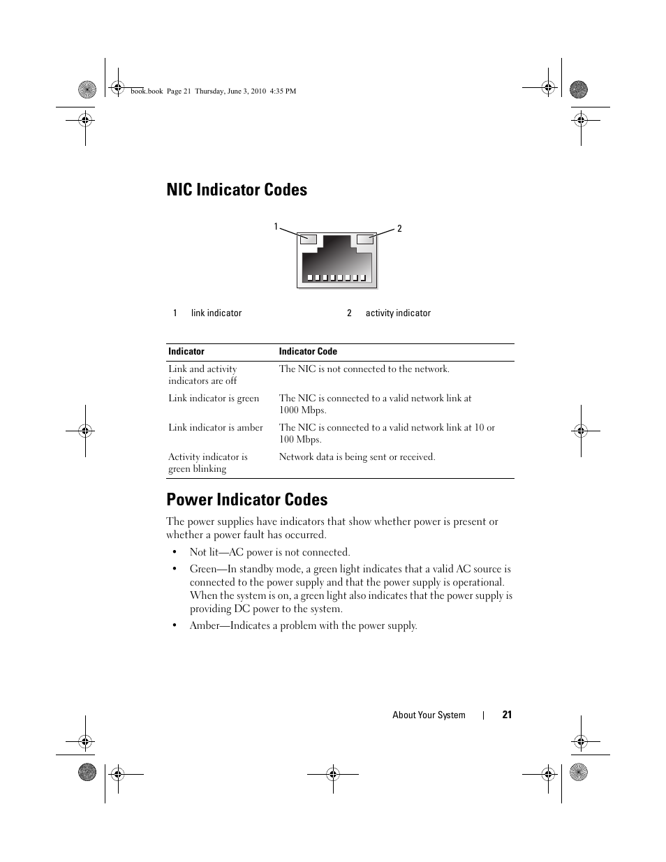 Nic indicator codes, Power indicator codes, Nic indicator codes power indicator codes | Dell PowerEdge R715 User Manual | Page 21 / 190