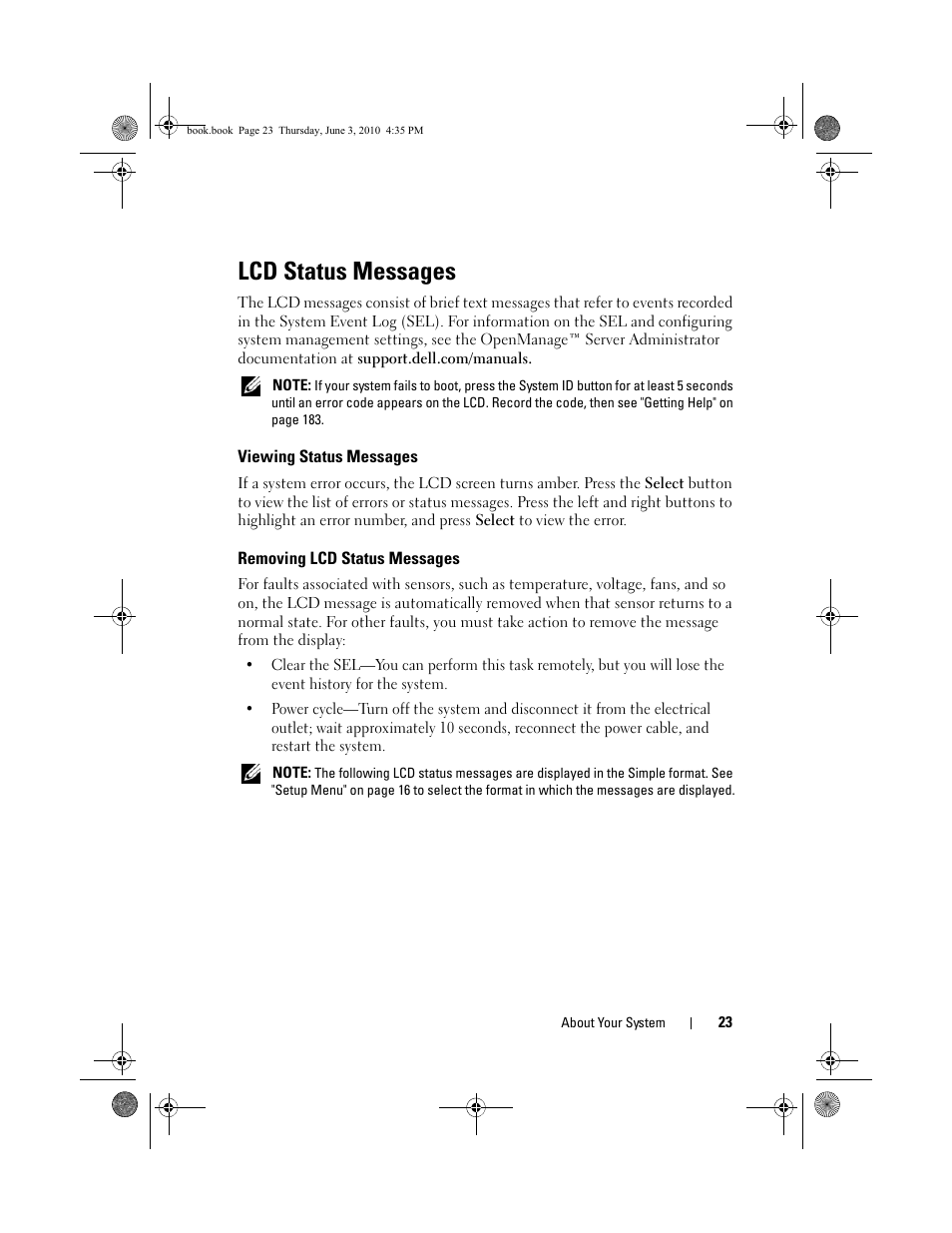 Lcd status messages, Viewing status messages, Removing lcd status messages | Dell PowerEdge R715 User Manual | Page 23 / 190