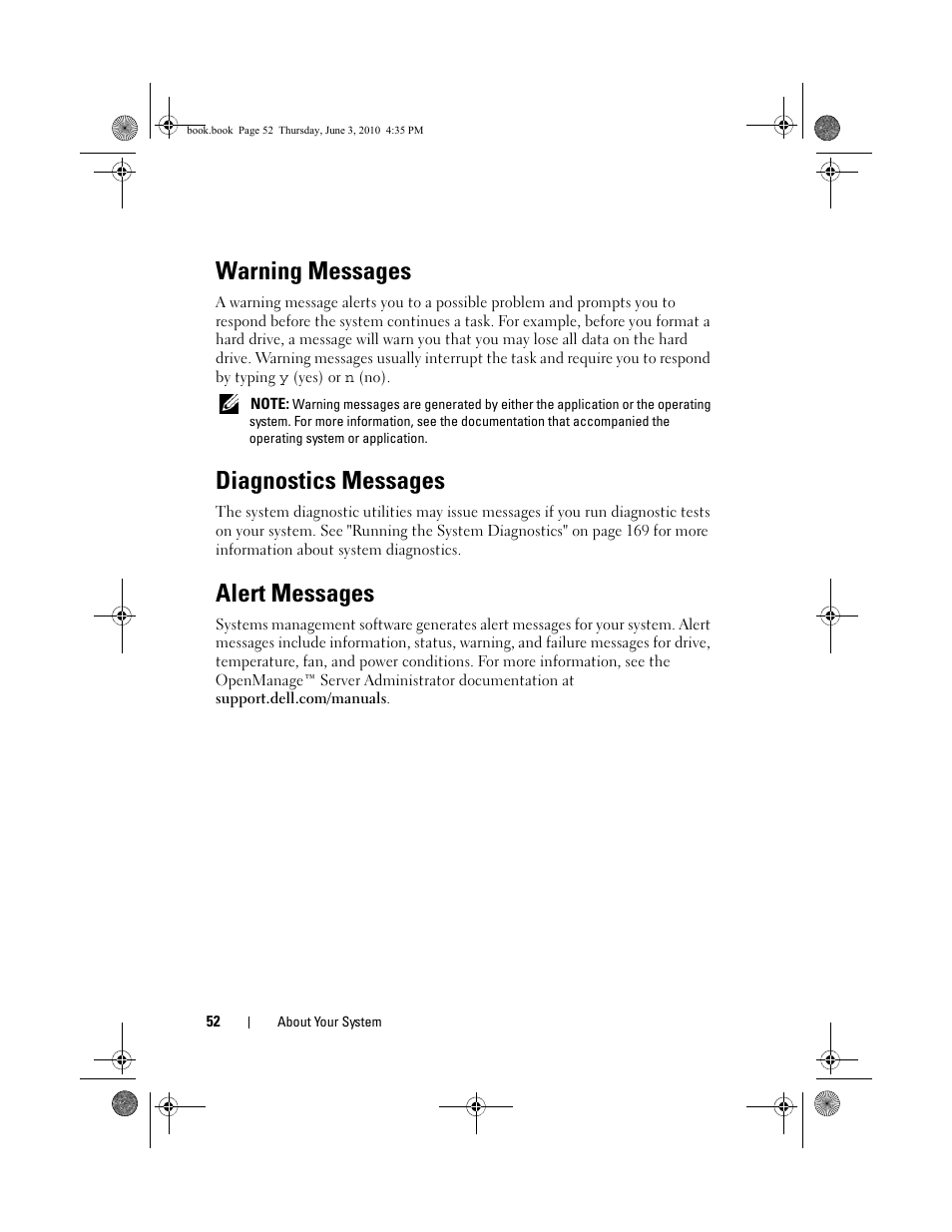 Warning messages, Diagnostics messages, Alert messages | Dell PowerEdge R715 User Manual | Page 52 / 190