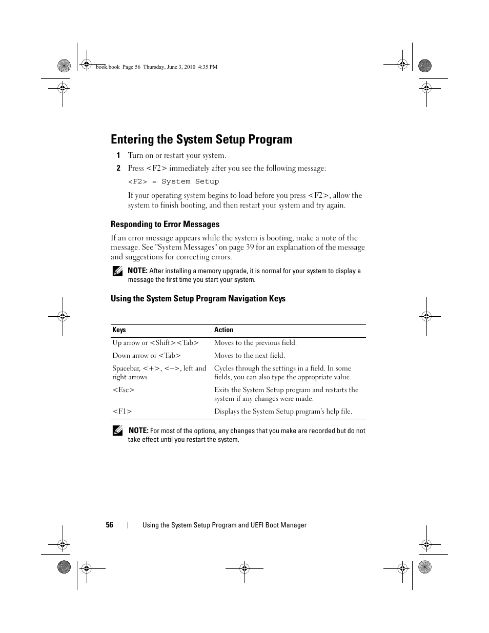 Entering the system setup program, Responding to error messages, Using the system setup program navigation keys | Using the system setup program, Navigation keys, Entering the system setup | Dell PowerEdge R715 User Manual | Page 56 / 190