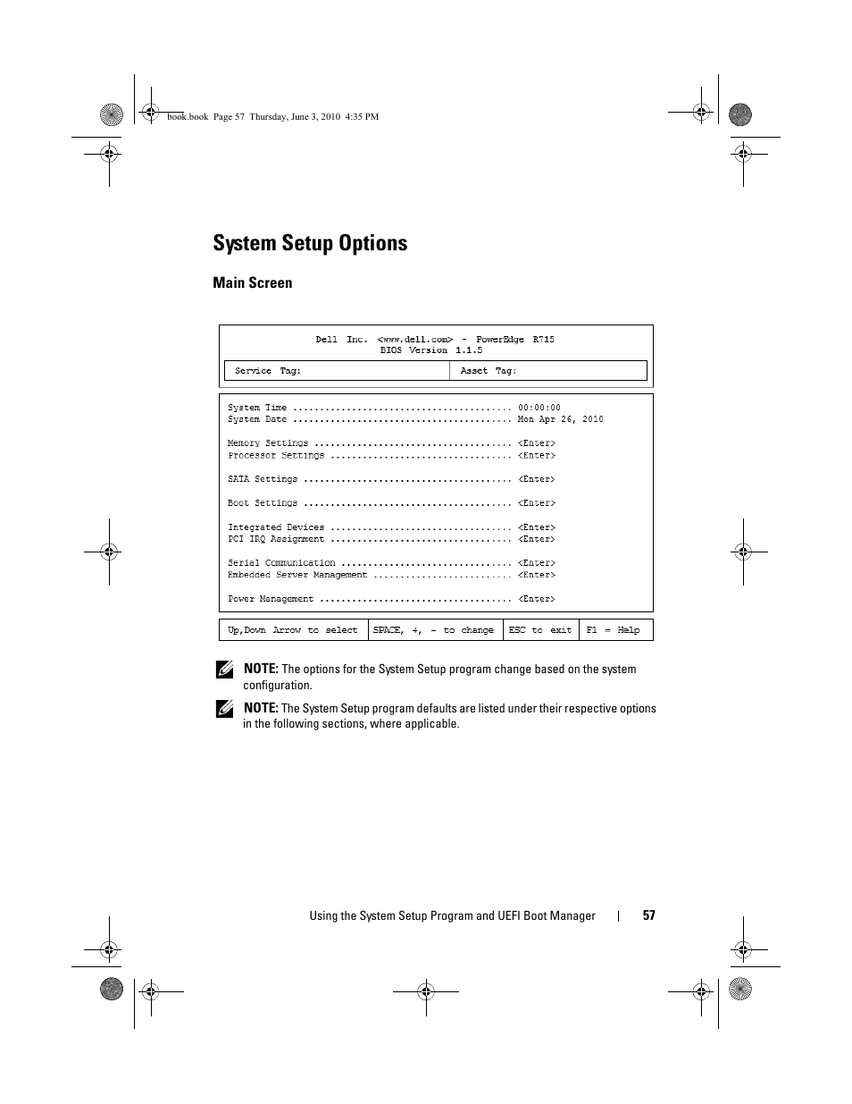 System setup options, Main screen | Dell PowerEdge R715 User Manual | Page 57 / 190