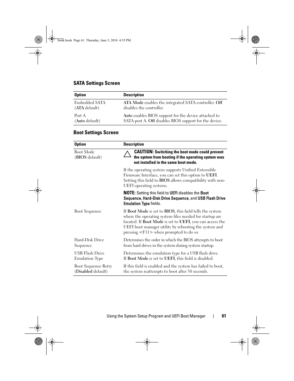 Sata settings screen, Boot settings screen, See "sata settings screen | Dell PowerEdge R715 User Manual | Page 61 / 190