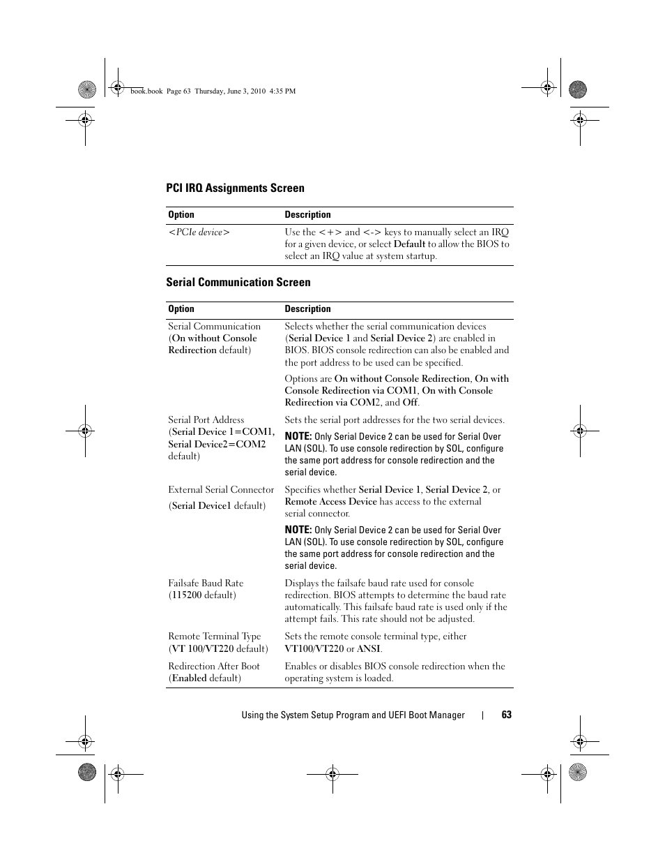 Pci irq assignments screen, Serial communication screen, See "pci irq | See "serial | Dell PowerEdge R715 User Manual | Page 63 / 190
